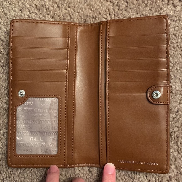 Women’s Leather Lauren Ralph Lauren Crosshatch Slim Blue and Brown Wallet - Picture 4 of 6